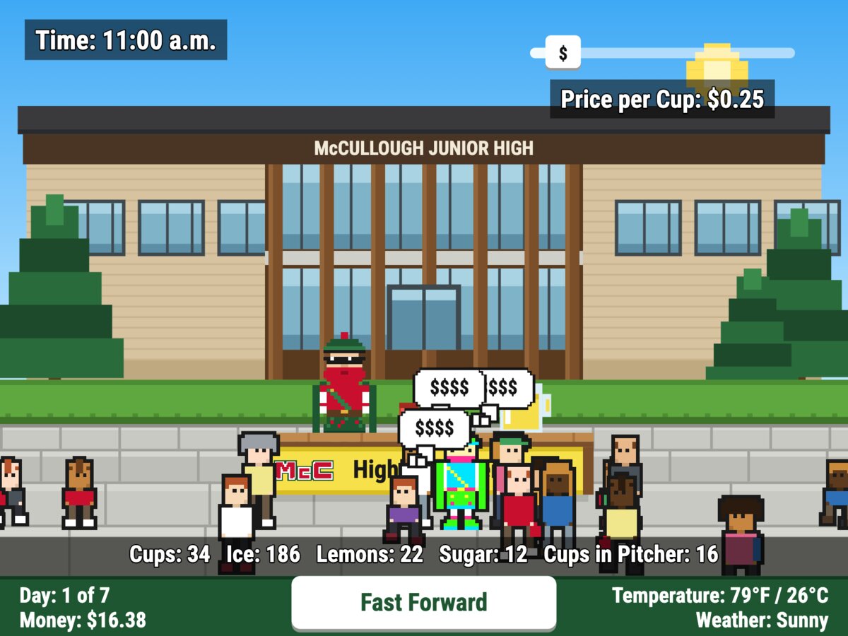 Screenshot of the Highlander Lemonade Stand game: the Highlander mascot sells lemonade in front of McCullough Junior High while customers line up